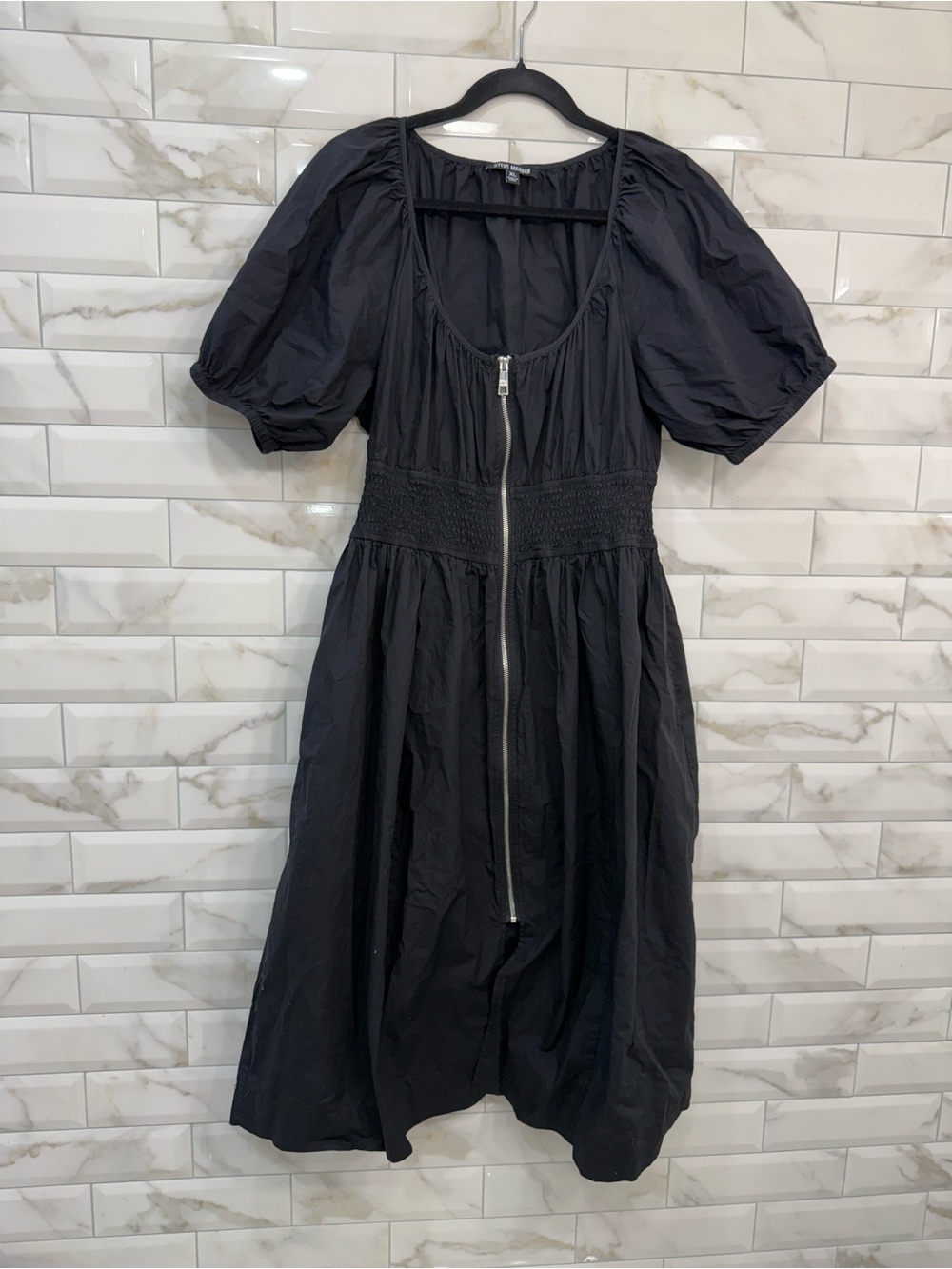 Steve Madden Black Puff-Sleeve Midi Dress with Front Zip and Pockets